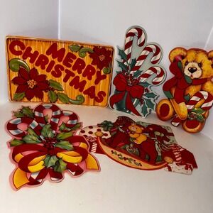 VTG Eureka USA Christmas Paperboard Flocked Cutouts 5 pc Bear Candy Cane Signs